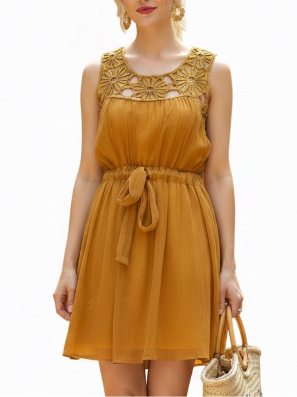 Anthropologie‎ x C Luce Mustard Floral Yoke Cutout Mini Dress Retro Boho Size L